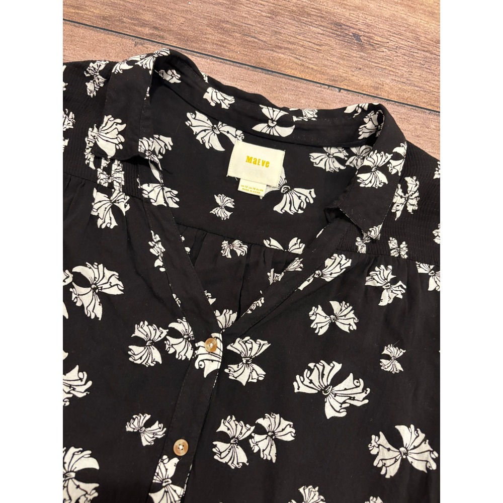 Maeve Anthropologie Womens 12 Black White Bow Print Button Down Rayon Blouse